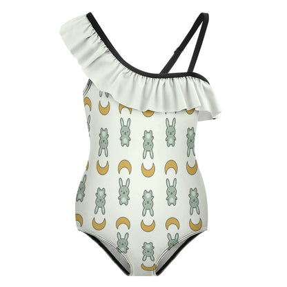 Cute Bunny & Moon Asymmetric Ruffle Girls Swimsuit