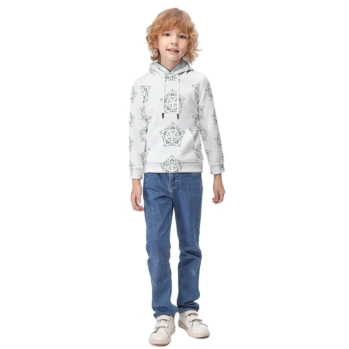 Kids' White Star Print Pullover Hoodie with Pocket