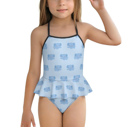 Girls' Blue Elephant Skirted Ruffle Swimsuit