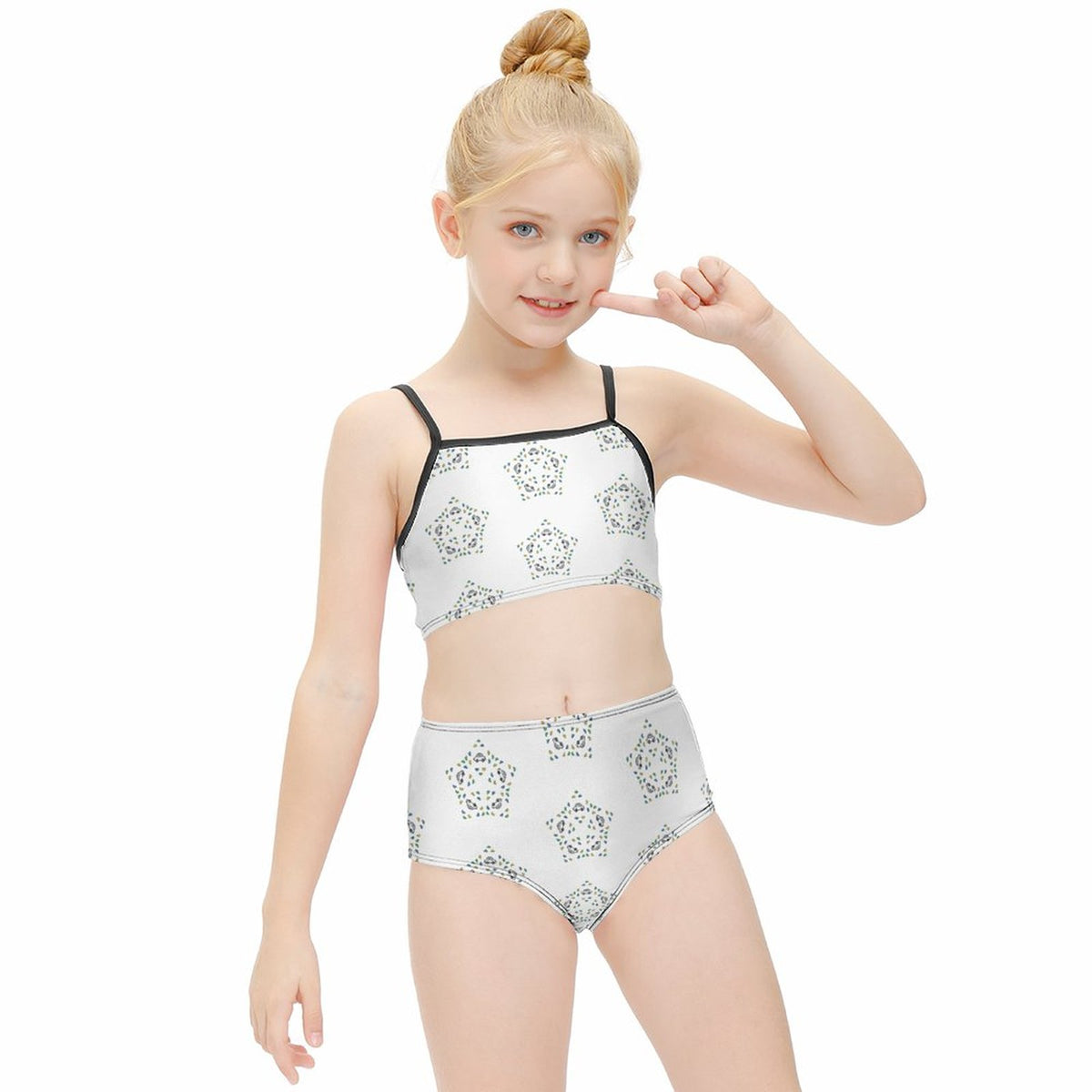 Girls' White Star Print Bikini Set with Black Trim