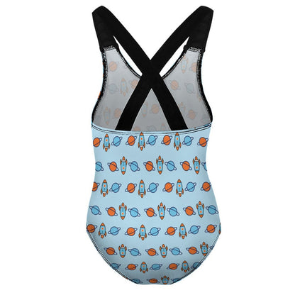 Space Rocket Cross Back One-Piece Girls Swimsuit