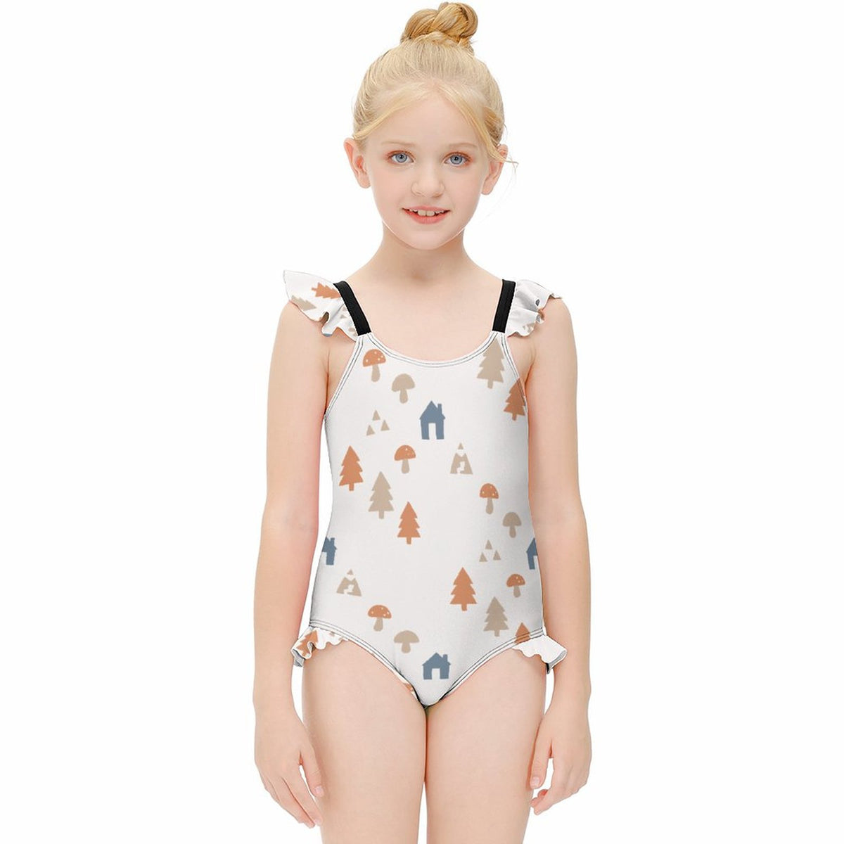 Girls' White Woodland Print Ruffle Leg Swimsuit