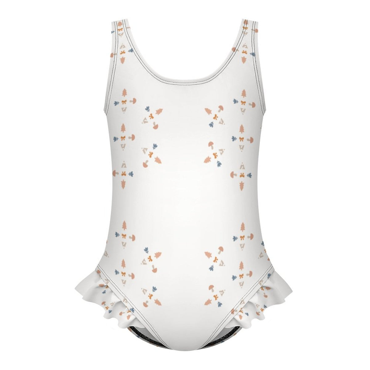 Girls' White Geometric Patterned Ruffle Hem Swimwear