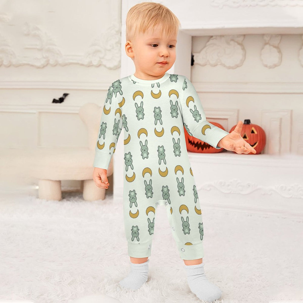 Cute Bunny & Moon Print Long Sleeve Baby Romper | 180gsm
