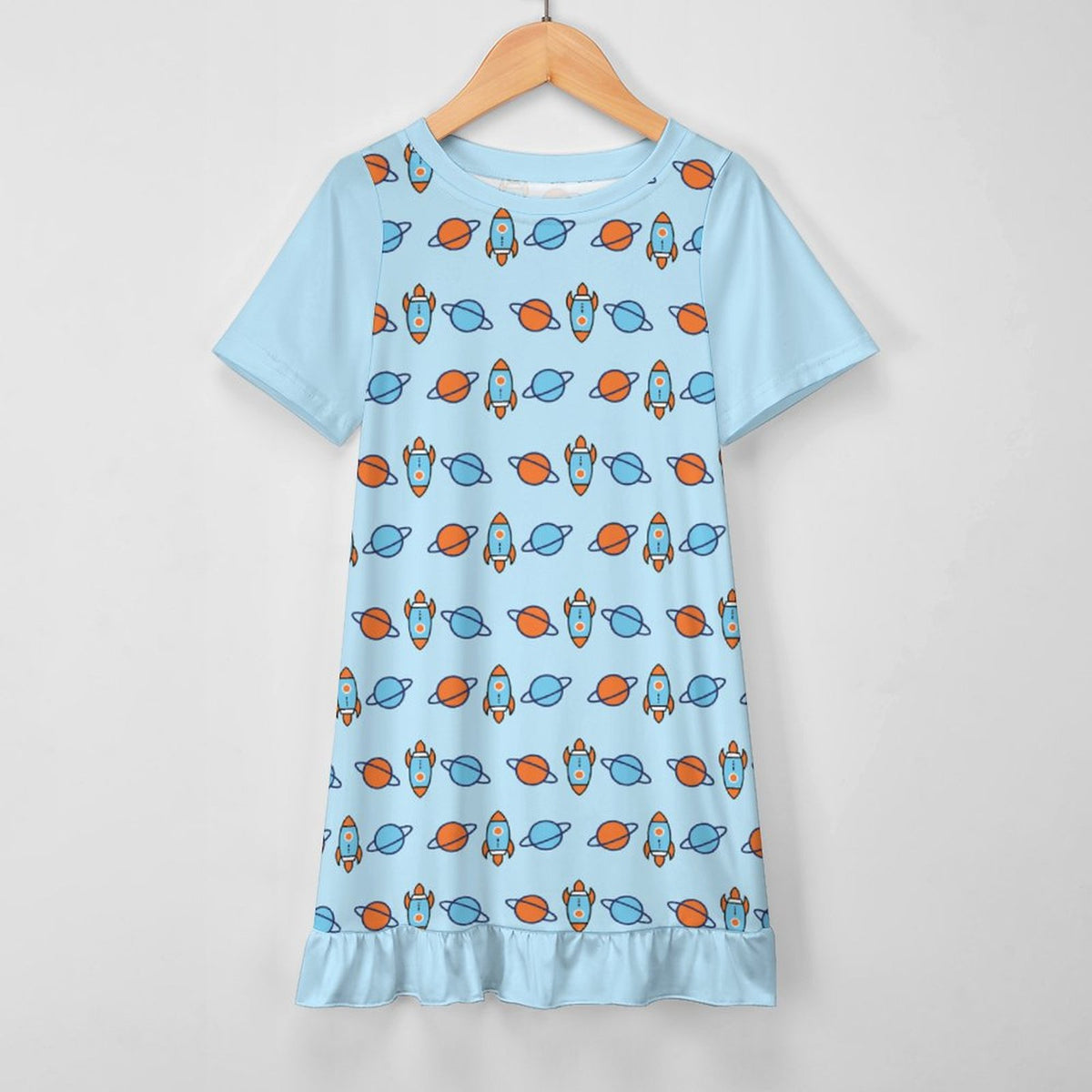 Outer Space Rocket Ruffle Hem Girls Dress | AOP
