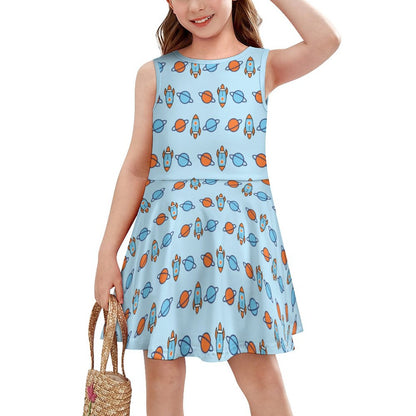 Outer Space Rocket Sleeveless Tank Dress for Girls