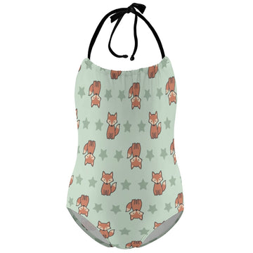 Cute Fox Print Halter Girls Swimsuit | One-Piece AOP