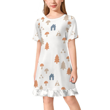 Girls' White Forest Pattern Ruffle Hem Dress