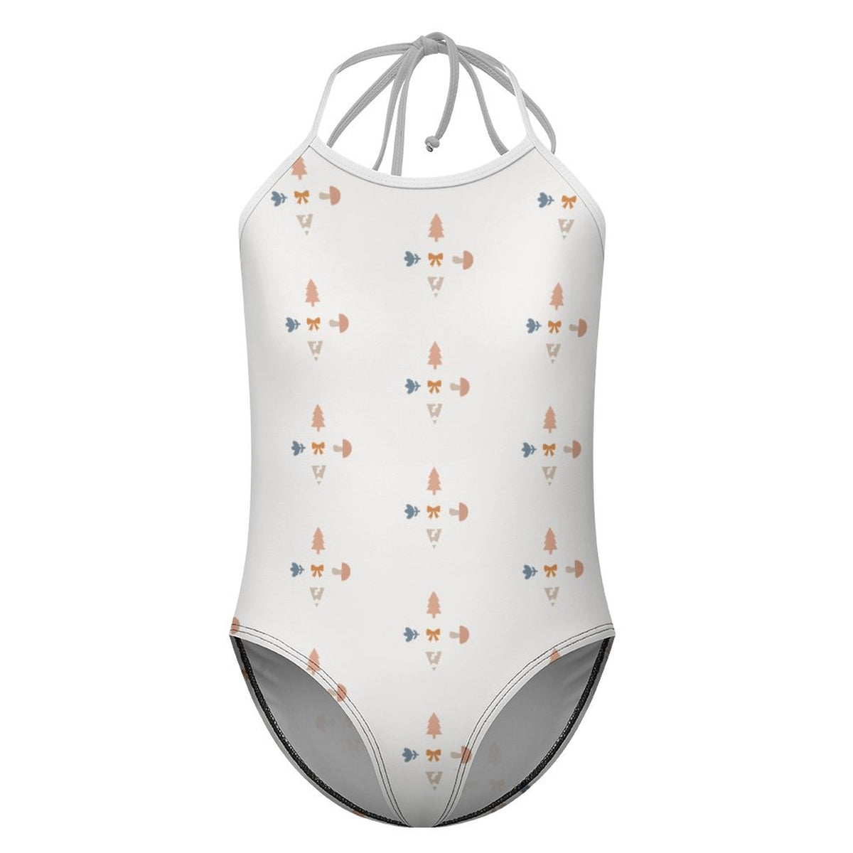 Girls' White Geometric Patterned Tie-Neck Swimwear