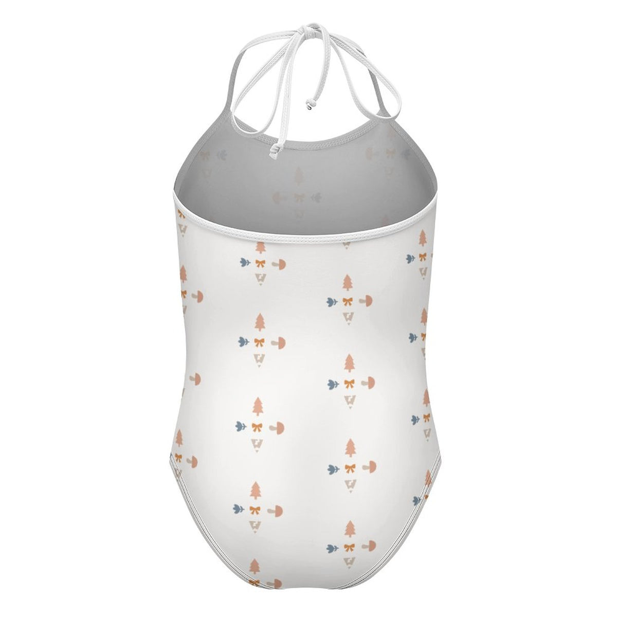 Girls' White Geometric Patterned Tie-Neck Swimwear