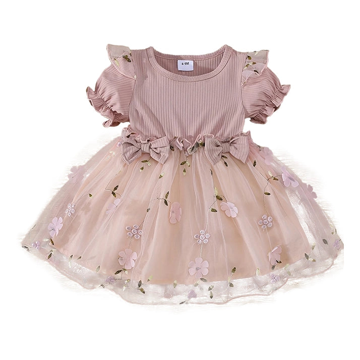 Baby Girl Pink Tutu Dress with Embroidered Flowers & Bows
