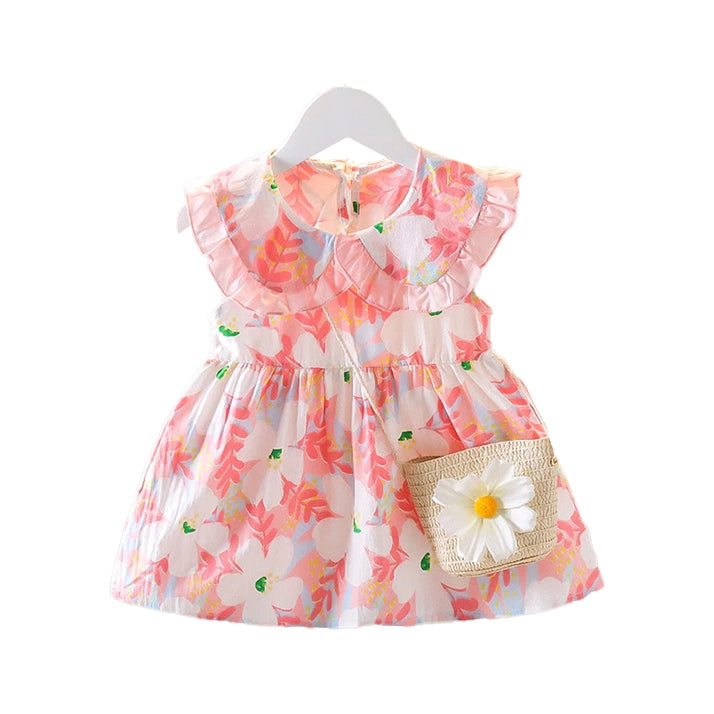 A toddler girl's sleeveless dress with a ruffled collar and a floral print in pink, orange, and white, styled with a small woven daisy purse on a white hanger against a white background.