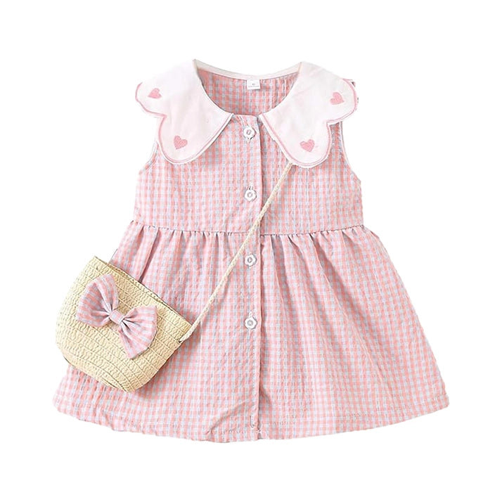 Girls Pink Gingham Dress & Straw Bag Set