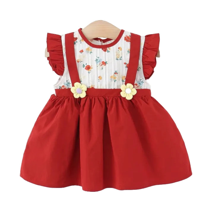 Girls Red Floral Pinafore Dress with Flutter Sleeves & Flowers