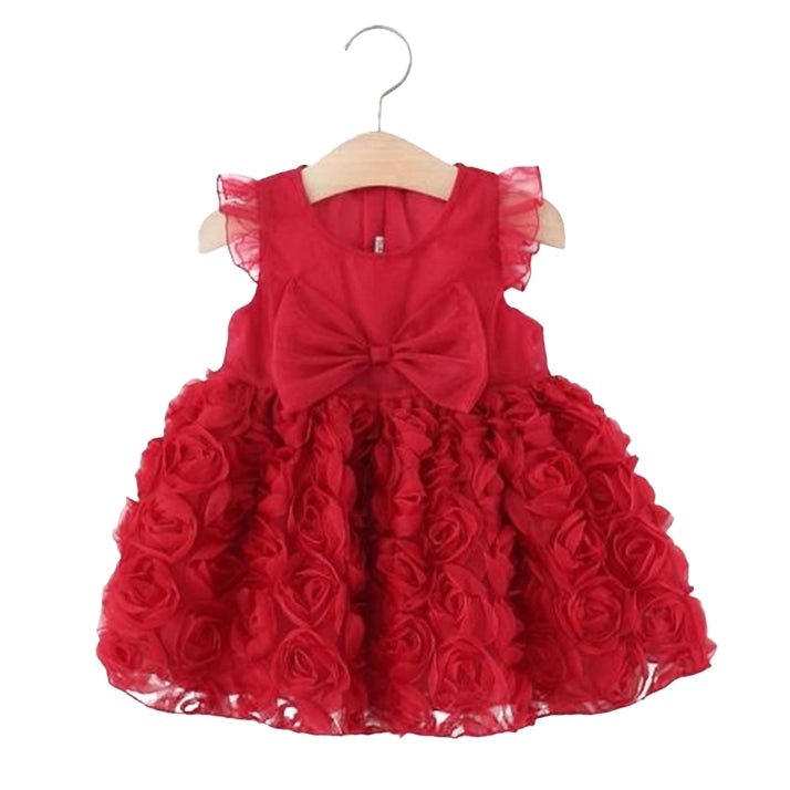 Girls Red Rosette Christmas Party Dress with Tulle Bow