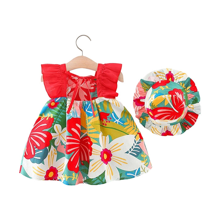 Girls Tropical Floral Dress & Sun Hat Set – Holiday Outfit