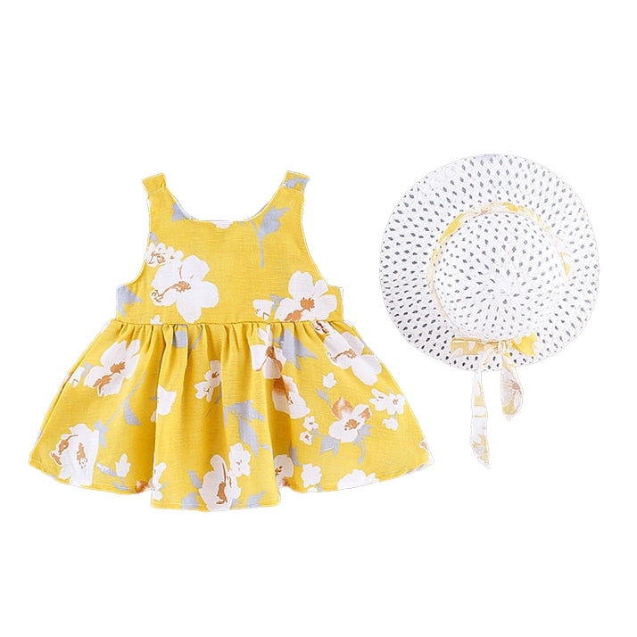 Girls Yellow Floral Dress with Matching Straw Sun Hat