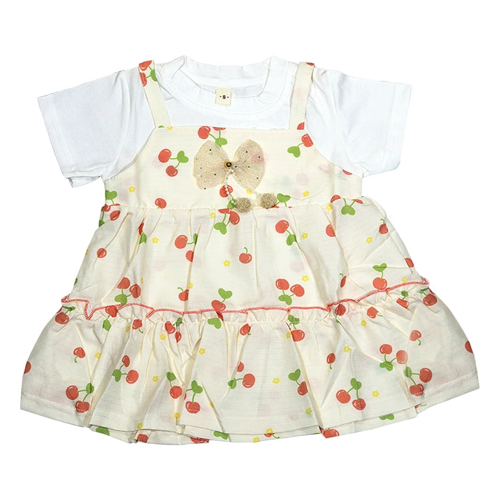 Girls Cherry Print Pinafore Dress with White Tee & Bow
