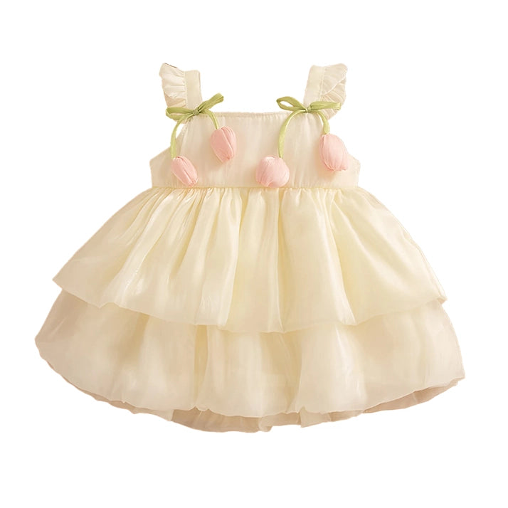 Girls Cream Tulip Party Dress – Tiered Bubble Skirt & Bows