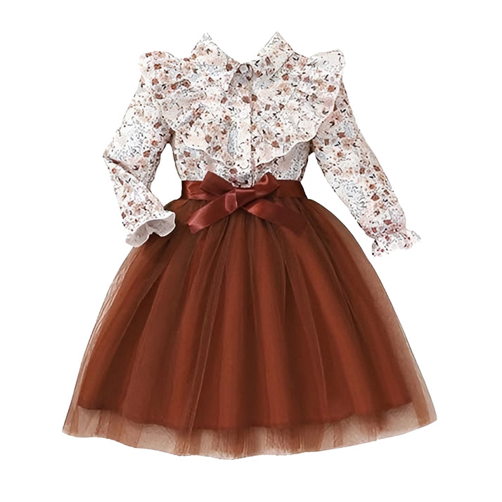Girls Long Sleeve Floral Tutu Dress with Rust Tulle Skirt