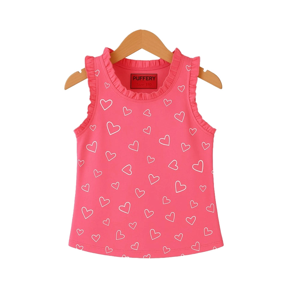 Girls’ Pink Heart Print Ruffle Tank Top