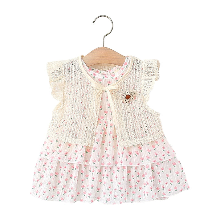 Tulip Lace Baby Dress | Pink Tulip Print with Knit Vest