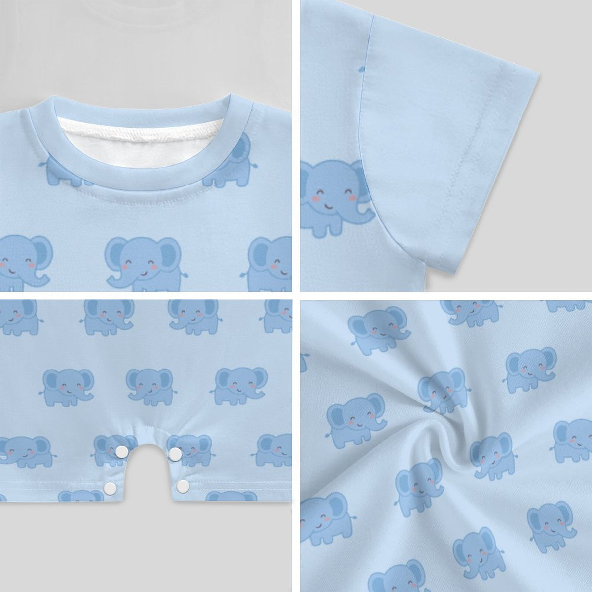190GSM Light Blue Elephant Baby Cotton Romper