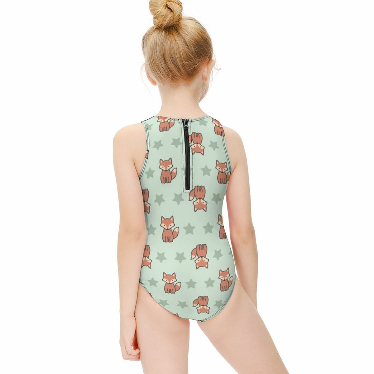 Cute Fox Print Zip Front Girls Swimsuit | Color Block
