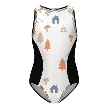 Girls' White Woodland High Neck Zip Swimsuit