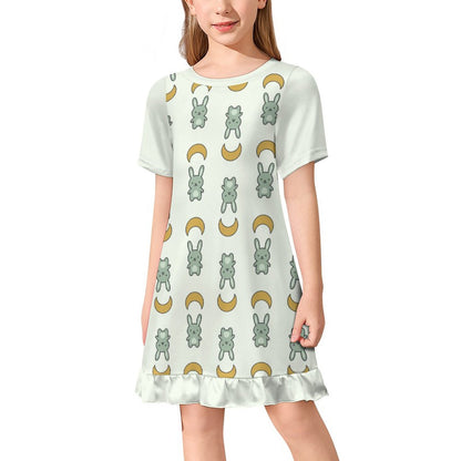 Cute Bunny & Moon Girls Ruffle Hem Dress | Short Sleeve
