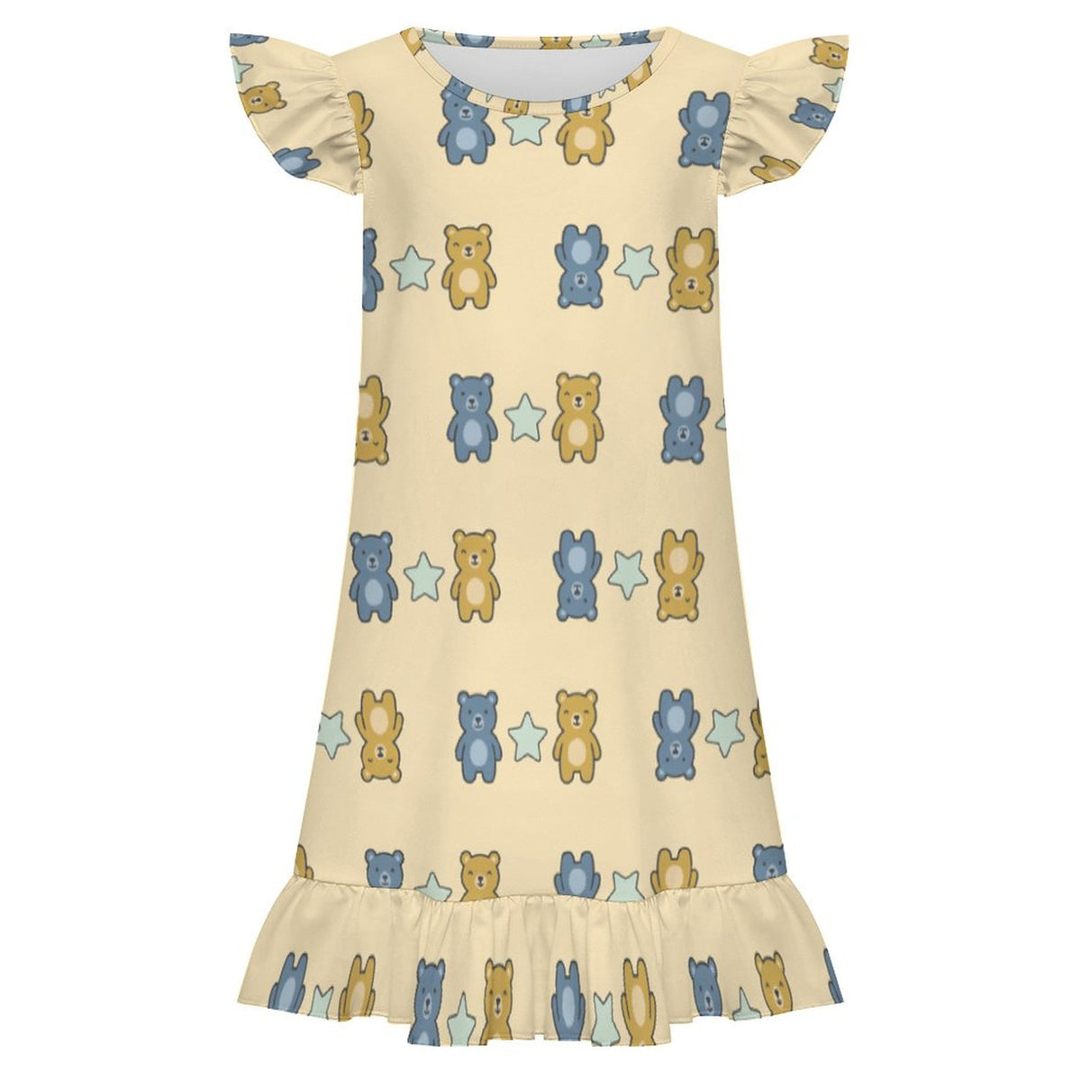 Girls Cute Bear Print Ruffle Sleeve Nightgown