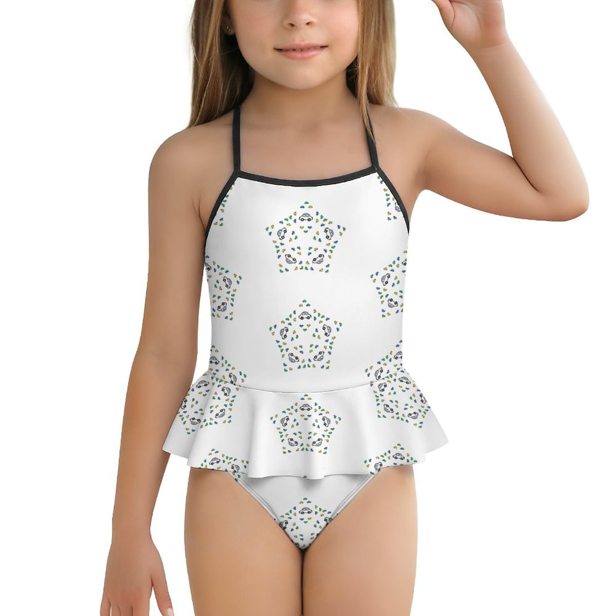 Girls' White Star Print Cami Swimsuit with Ruffle