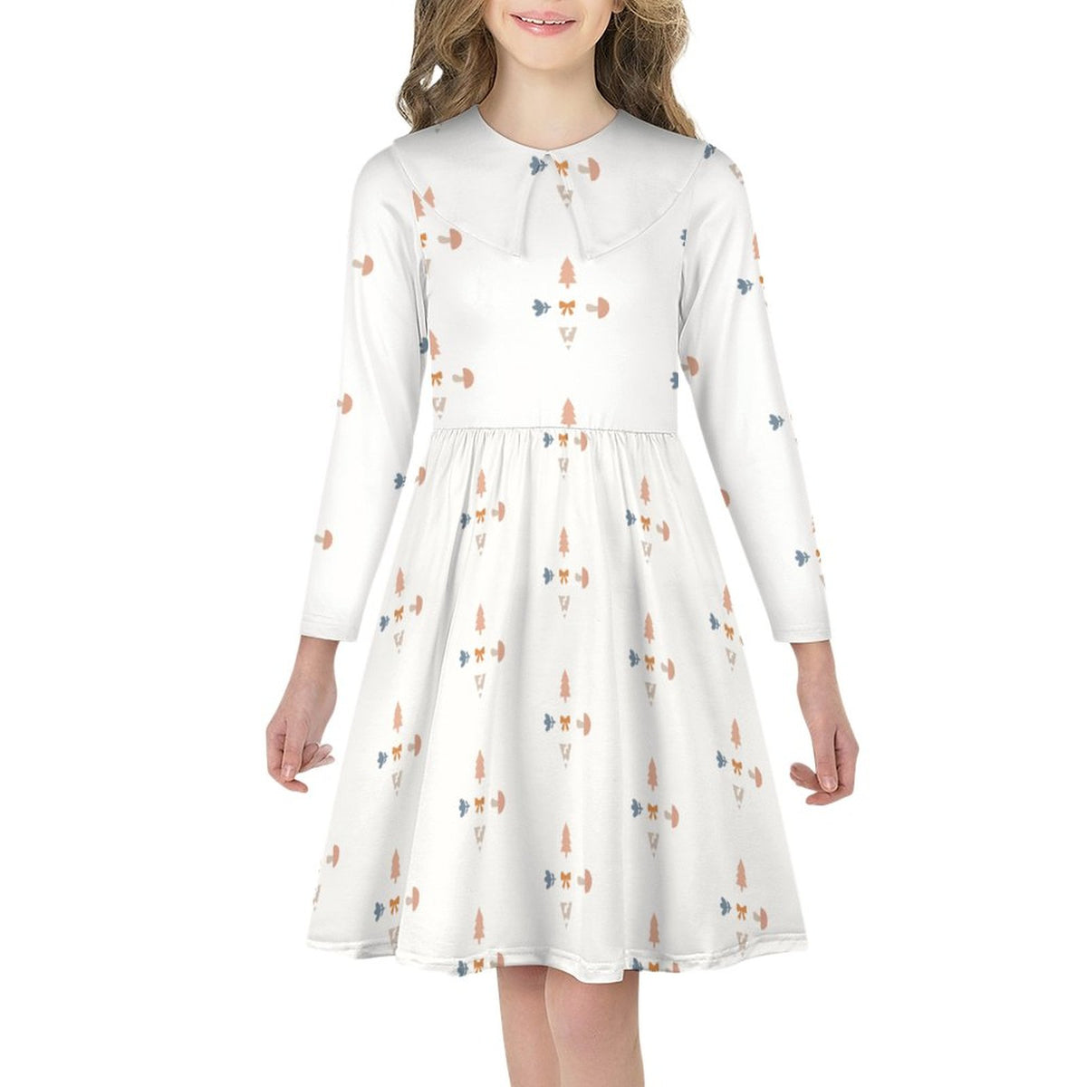 Girls' White Geometric Long Sleeve Flared Dress