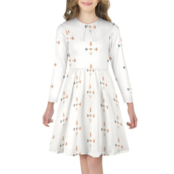 Girls' White Geometric Long Sleeve Flared Dress