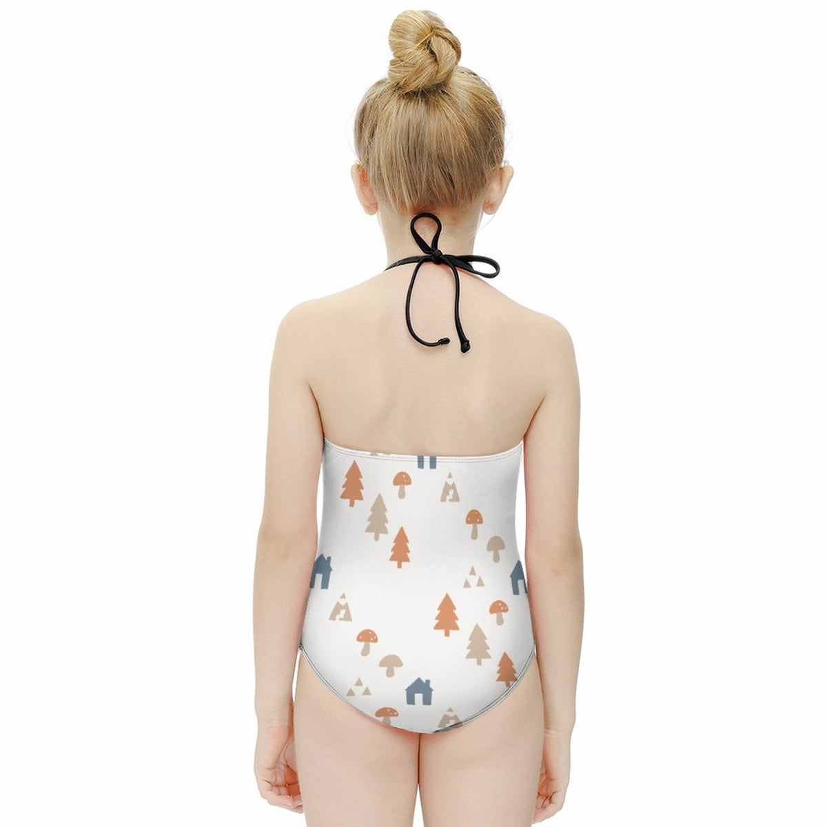 Girls' White Forest Pattern Halter Neck Swimsuit