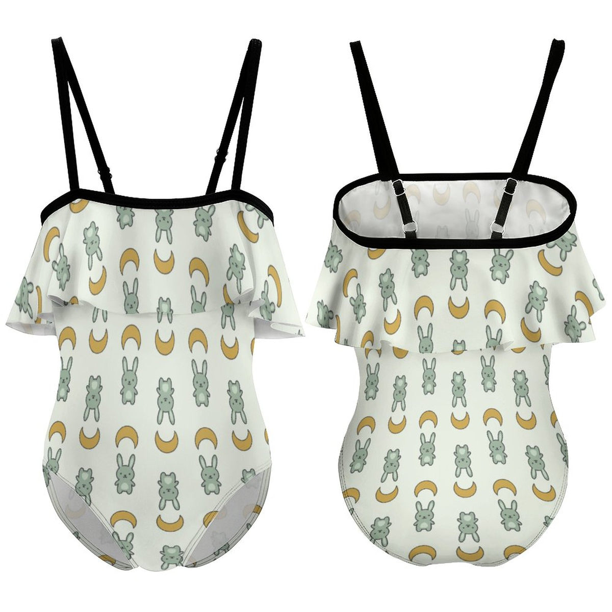 Cute Bunny & Moon Off-Shoulder Ruffle Girls Swimsuit