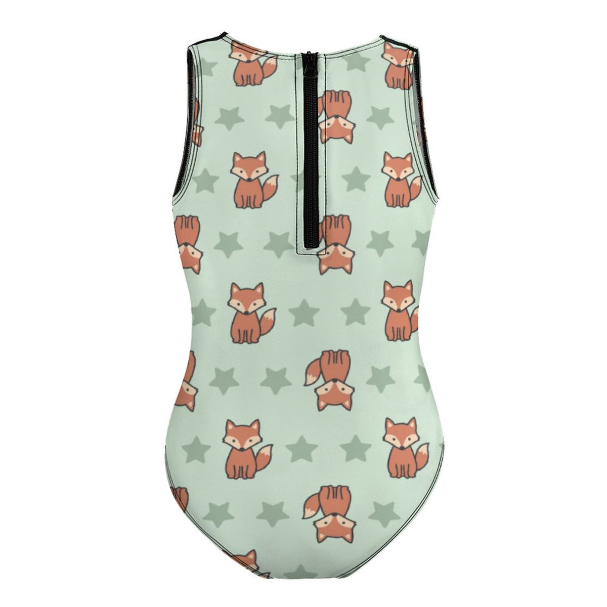 Cute Fox Print Zip Front Girls Swimsuit | Color Block