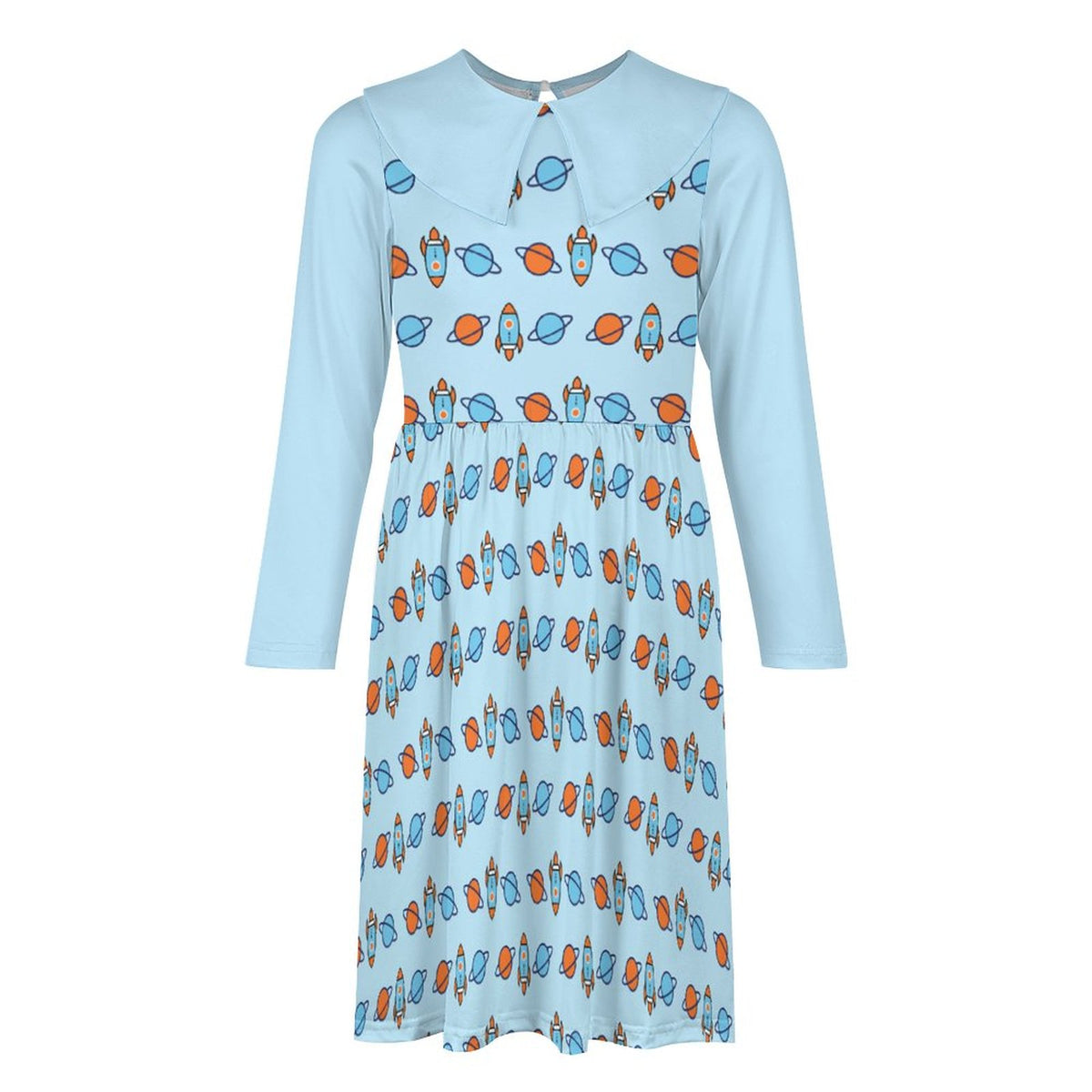 Space Rocket Collar Long Sleeve Girls Dress | AOP