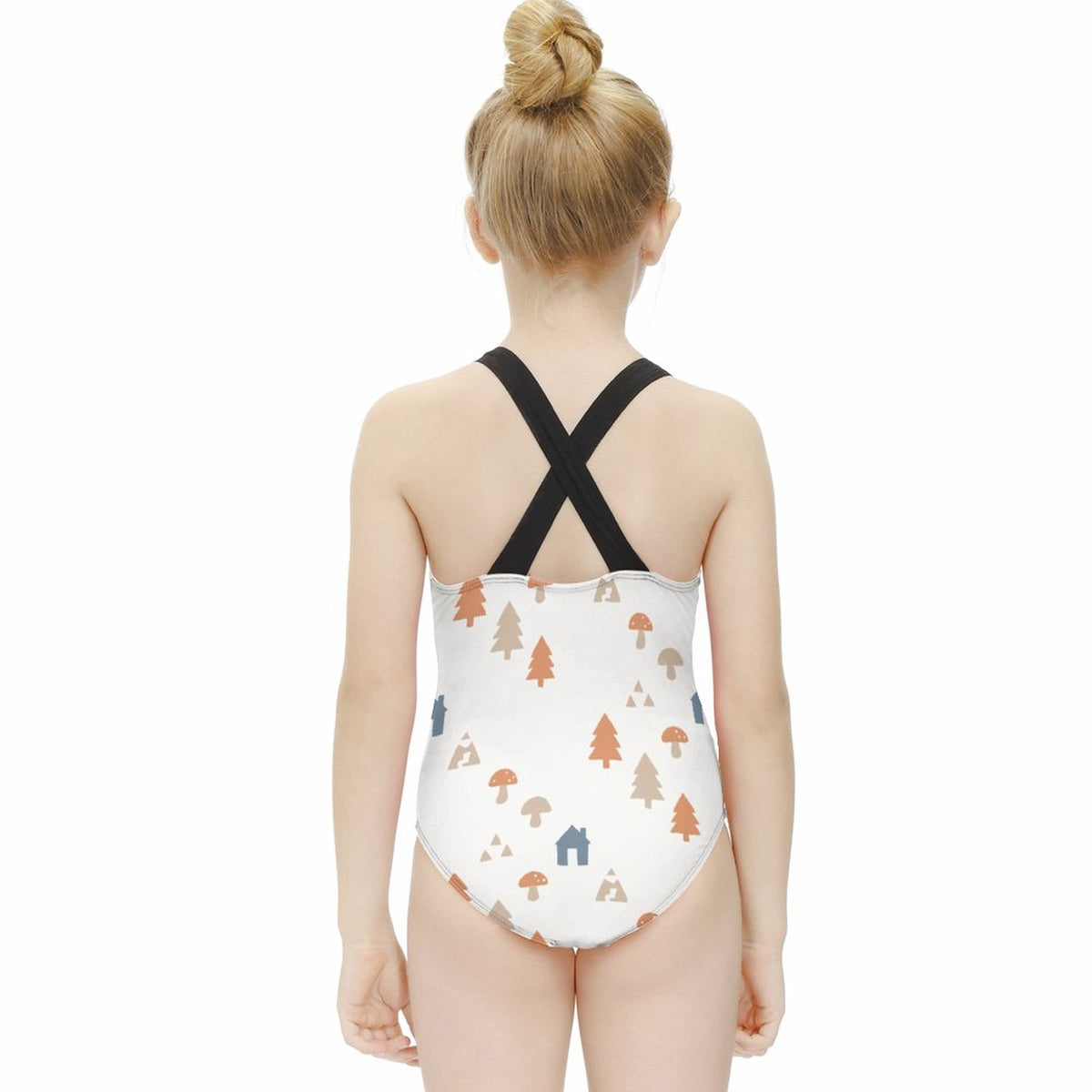 Girls' White Forest Pattern Crossback Swimsuit