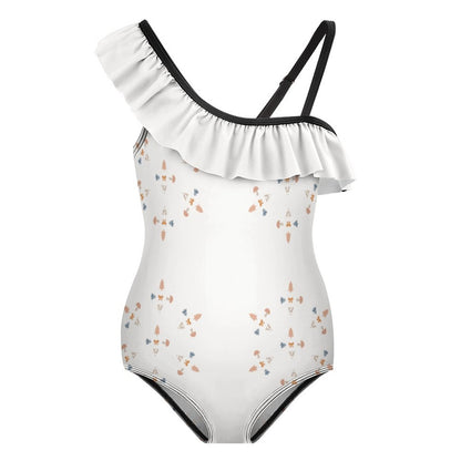 Girls' White Geometric Patterned One-Shoulder Ruffle Suit