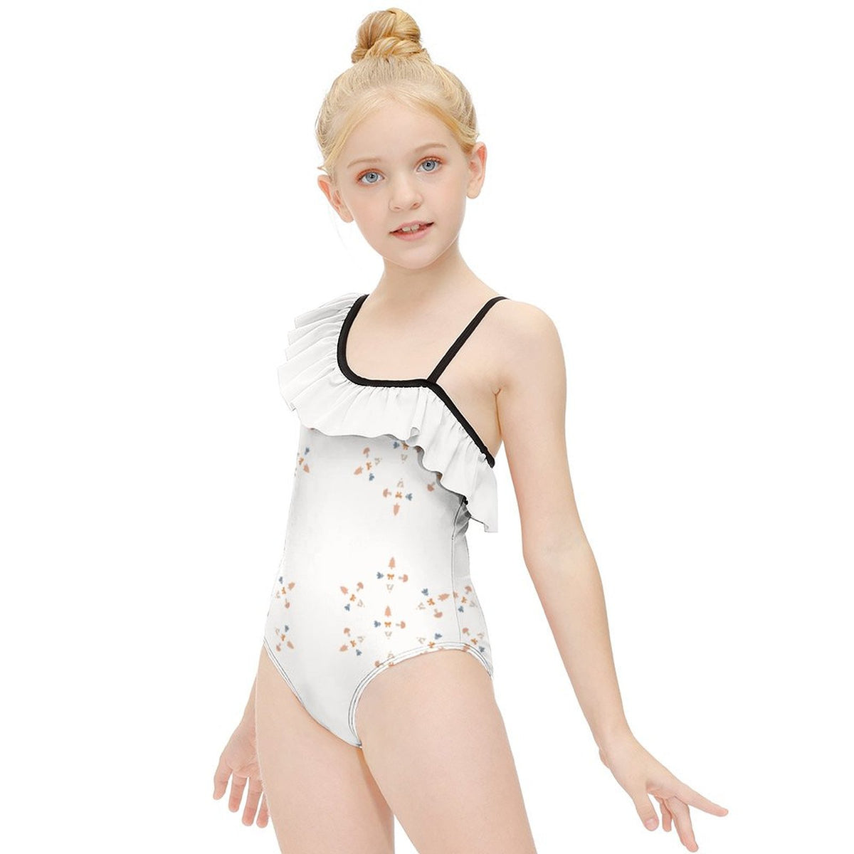 Girls' White Geometric Patterned One-Shoulder Ruffle Suit