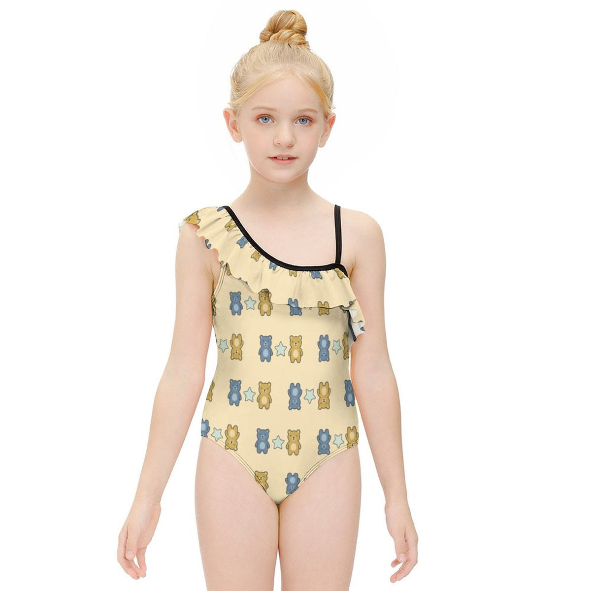Cute Teddy Bear One-Shoulder Girls Swimsuit | Ruffle