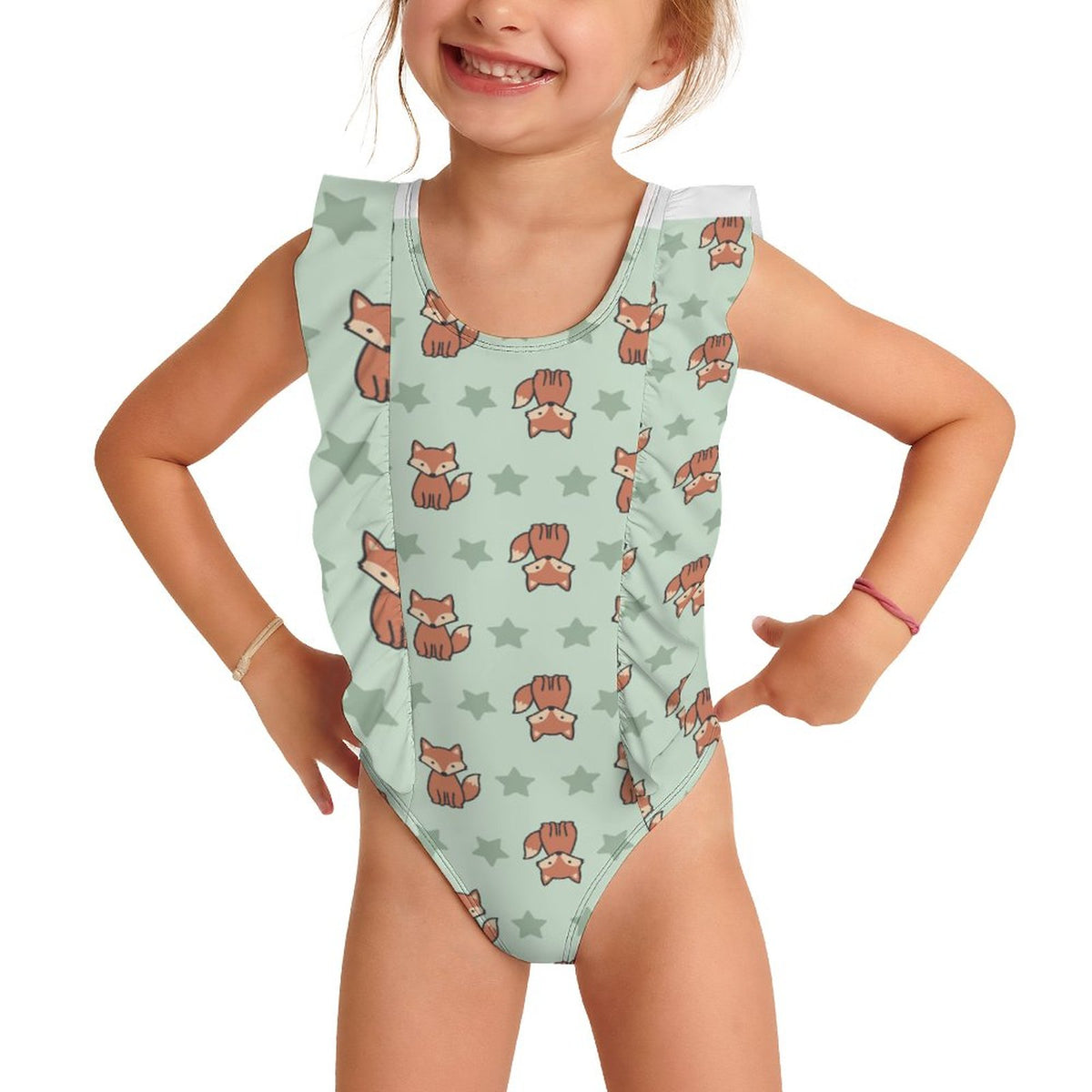 Girls Cute Fox Print Ruffle Shoulder One-Piece Swimsuit