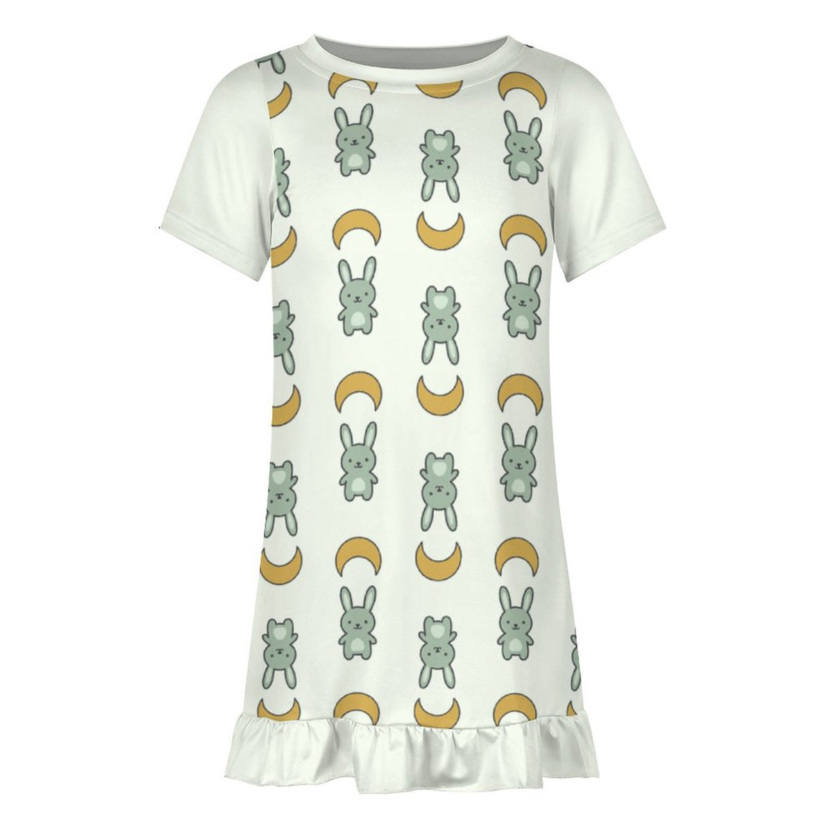 Cute Bunny & Moon Girls Ruffle Hem Dress | Short Sleeve