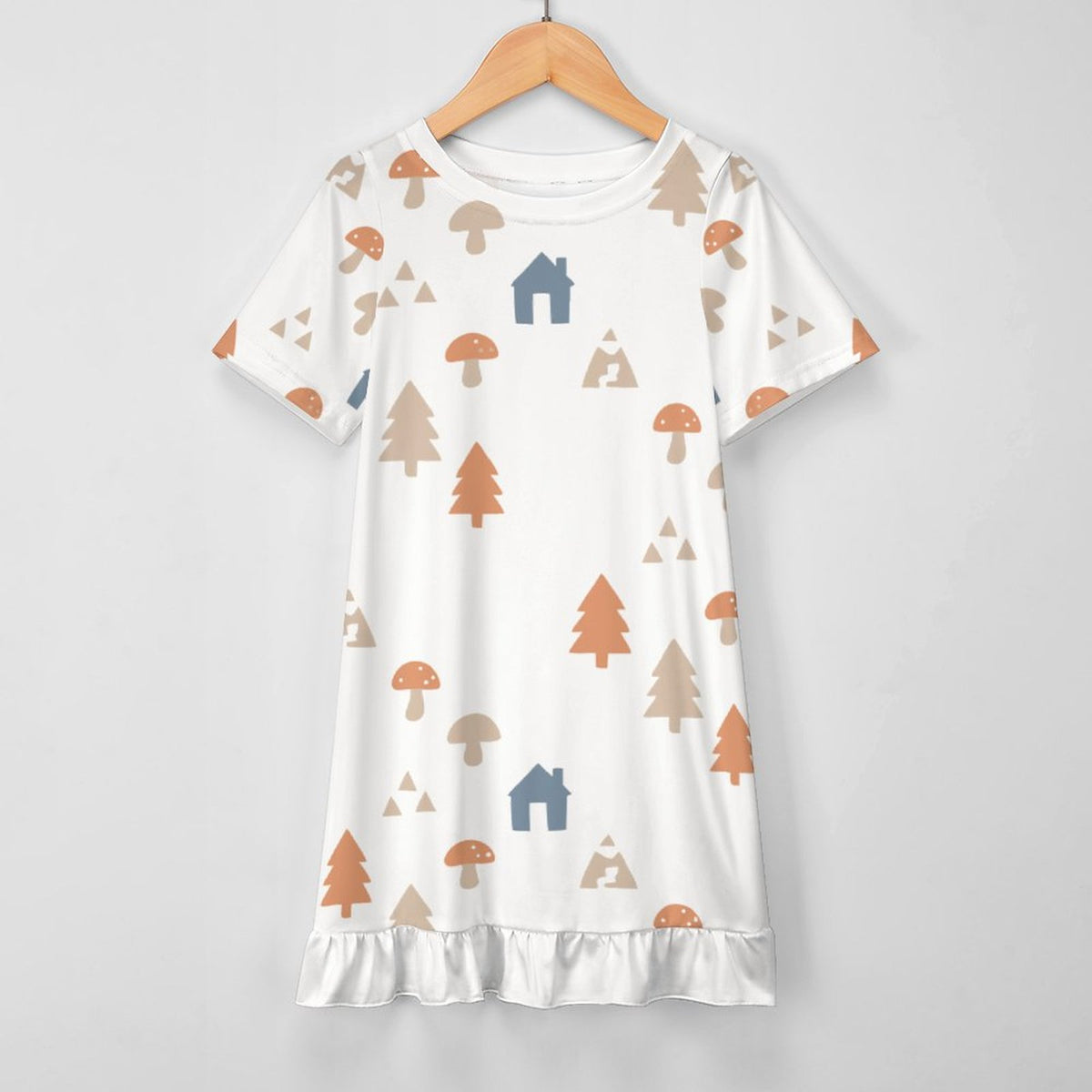 Girls' White Forest Pattern Ruffle Hem Dress