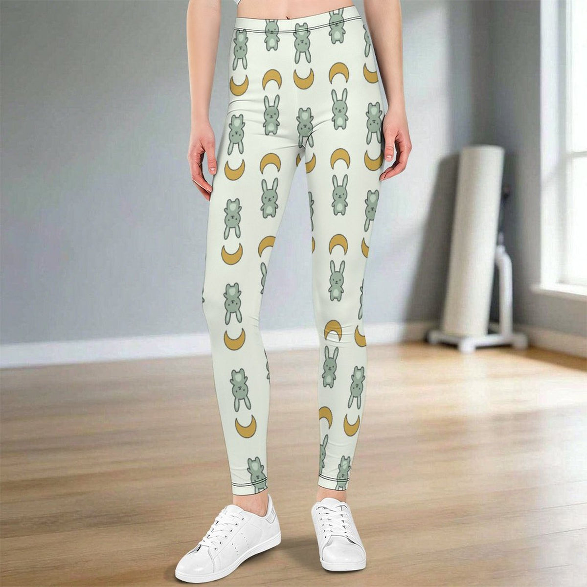 Girls Cute Bunny & Moon Print Yoga Leggings
