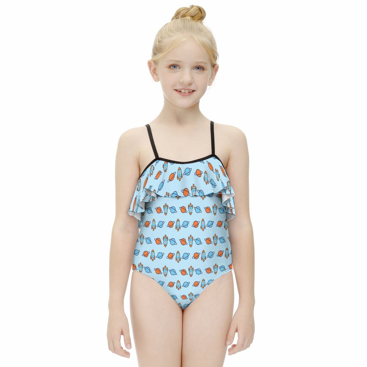 Outer Space Rocket Off-Shoulder Ruffle Girls Swimsuit