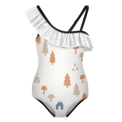 Girls' Woodland Print One-Shoulder Ruffle Swimsuit