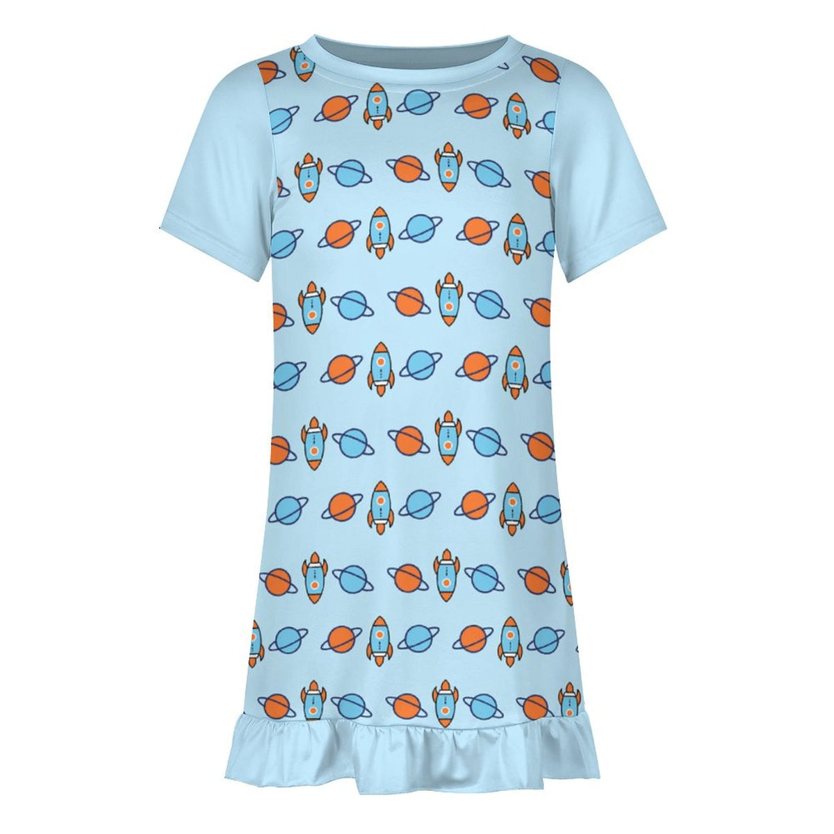 Outer Space Rocket Ruffle Hem Girls Dress | AOP