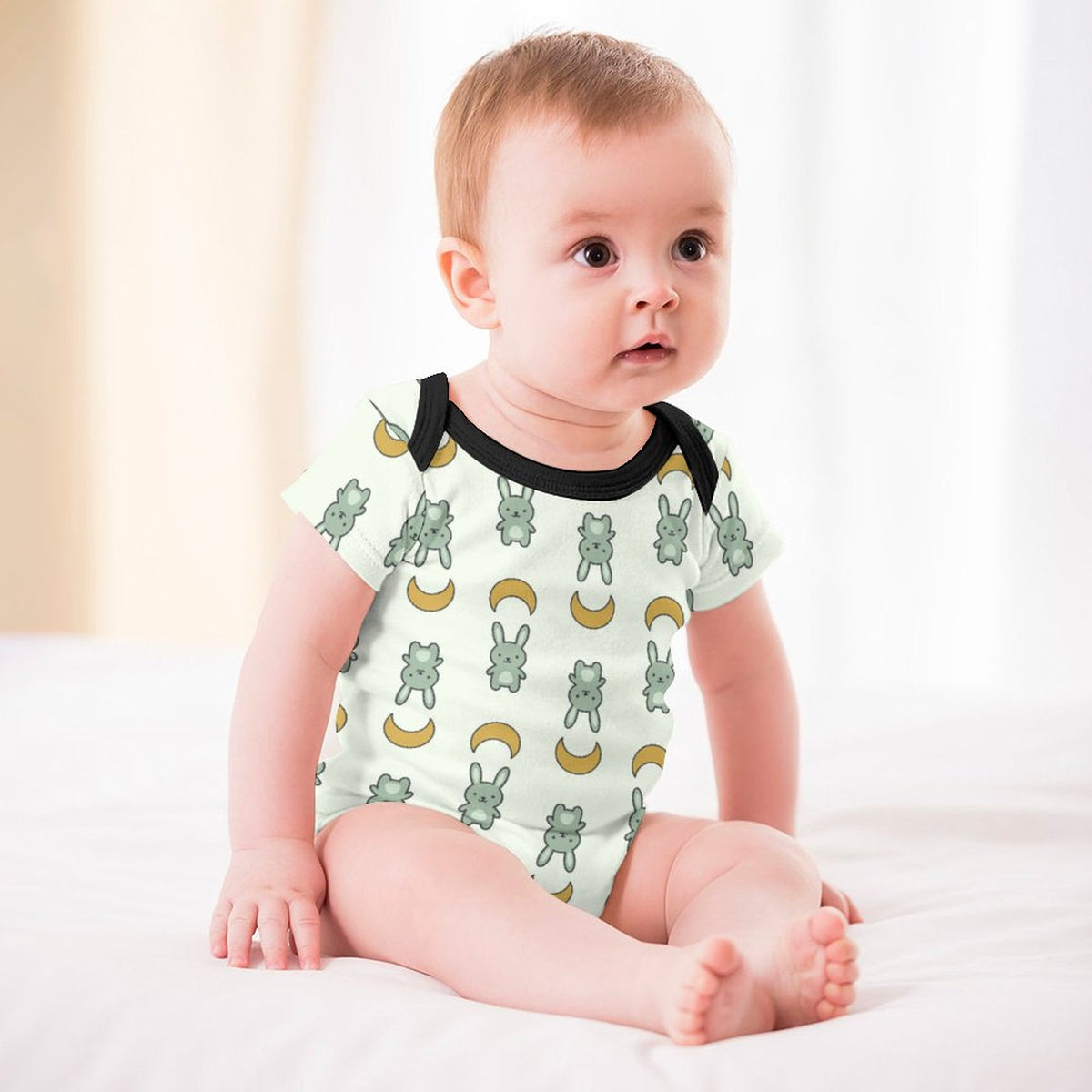 Cute Bunny & Moon Short Sleeve Baby Romper | 220gsm